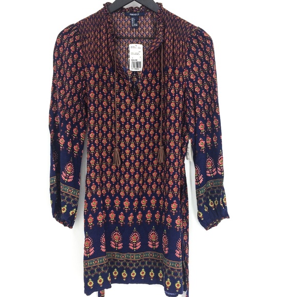 NWT FOREVER 21 Navy Floral Short Boho Tunic Dress - Picture 1 of 8